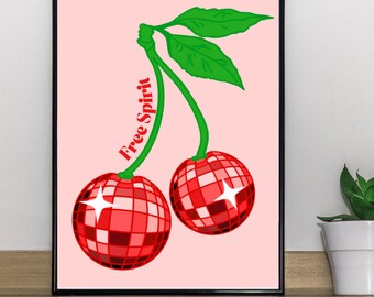 Free Spirit | Print | Wall Art | Retro Print | Cherries | Disco Ball | Digital Download