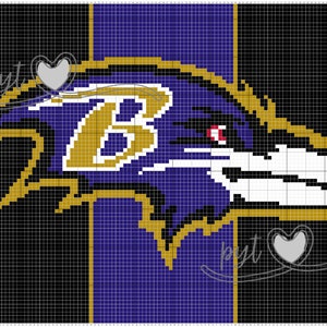 May include: A pixel art design of the Baltimore Ravens logo. The logo features a purple and black raven with a gold 'B' on its chest. The raven's eye is red.