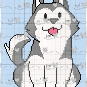 May include: Pixelated illustration of a smiling husky dog with gray and white fur, a pink tongue, and black eyes and nose. The dog is sitting on a light blue grid background with the word "pyt" and a heart symbol repeated.