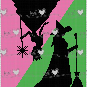 以下が含まれることがあります： ピンクと緑の背景に、魔女とコウモリが描かれたピクセル化されたデザイン。 魔女はほうきを持ち、コウモリは三角形の形からぶら下がっています。 デザインはハロウィーンをテーマにしています。