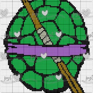 May include: Pixelated image of a green turtle shell with a brown staff and a purple headband. The design is reminiscent of a popular cartoon character. The image is a cross-stitch or pixel art pattern.