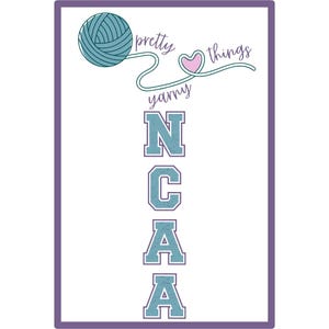 May include: A white background with a purple border. A blue ball of yarn with a white string attached to it. The string is tied to a pink heart with the text "pretty yarny things" written above it. The text "NCAA" is written in blue letters with a white outline below the yarn.