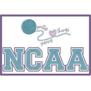 May include: A blue and white graphic with the text "pretty yarny things" and a ball of yarn with a pink heart. Below the text is the word "NCAA" in large blue letters with a distressed texture.