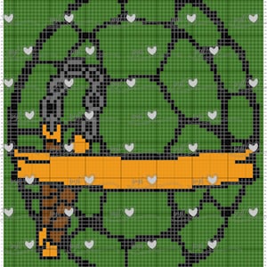 May include: A pixel art design of a character holding a sword and shield, standing on a platform with a banner that reads "The Legend of Zelda". The character is surrounded by a green background with a black and white circular pattern.
