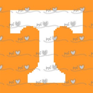May include: Orange and white digital art featuring a large white letter "T" against an orange background. The background has a repeating pattern of hearts and the word "pyt". The top and bottom borders have a checkered pattern.
