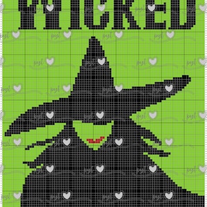 Peut inclure: Un motif de point de croix vert et noir représentant le mot "WICKED" et une sorcière avec un chapeau pointu.