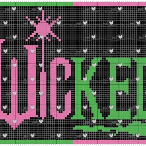 Peut inclure: Un motif pixélisé avec le mot "WICKED" en rose et vert sur un fond de grille noire. Une étoile filante et une baguette roses sont au-dessus du "W". Le motif est encadré de bordures vertes et roses.