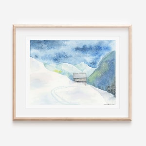 Watercolor Art Print - Protect Winter 2, Switzerland, Swiss Alps, Alpine Pass Route, Ski Art, Chalet, Farm