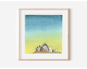 Watercolor Art Print - Australia at twilight, Sydney Opera House