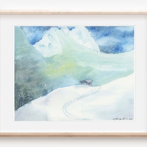 Watercolor Art Print - Protect Winter 1, Switzerland, Swiss Alps, Alpine Pass Route, Ski Art, Chalet, Farm