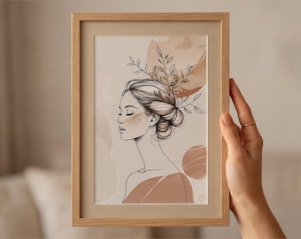 Boho Woman Line Art Botanical Printable Wall Art, Terracotta Beige Female Portrait Digital Download, Minimalist Floral Decor Poster Print