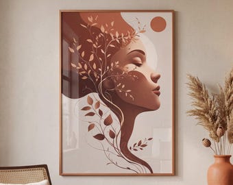 Stampa artistica da parete in stile boho femminista, Donna botanica in terracotta, download digitale, Poster decorativo autunnale minimalista e neutro in stile moderno di metà secolo
