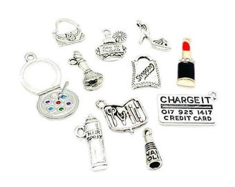 Ultimate Girls Night Charms Bundle, Large Charm Lot, Bulk, Women Charms, Shopping Charms, Mini Makeup, Tiny Lipstick Charm, Jewelry Findings
