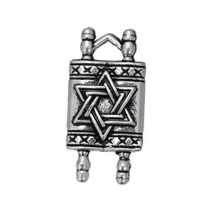 May include: Silver charm in the shape of a Torah scroll with a Star of David on the front.