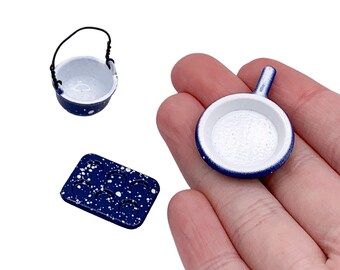 Miniature Enamelware Set of Pans |Dollhouse Mini Pot | Tiny Realistic Kitchen Cooking Supplies | Realistic Minis | Tiny Things for Dolls
