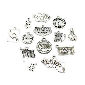 Pacote de Berloques de Las Vegas, Lote Grande de Berloques, Berloques de Viagem, Berloques dos EUA, Berloques de Jogo, Berloque de Cartas de Baralho, Achados de Joias