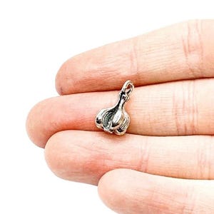 May include: A small, silver-colored garlic clove charm. The charm is detailed with textured surfaces, showcasing the individual cloves and stem. The charm is designed to be a pendant or a component for jewelry making.