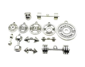 Lote de dijes de levantamiento de pesas definitivo, lote grande, dijes de discos de pesas, dijes de mancuernas, dijes de fitness, accesorios de joyería