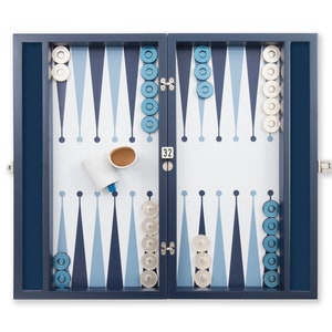 Juego de backgammon Era Marin32Series 265 hecho a mano: premium, personalizado con cuero ultramar, nombre y logotipo personalizados, tablero