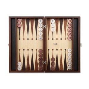 Juego de backgammon Era 32 Series 240 hecho a mano: premium personalizado con cuero ultramar, nombre y logotipo personalizados, tablero de madera de alta calidad