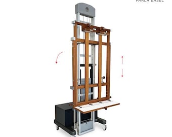 May include: A PARLA FLAT 90 easel for art supplies. The easel is made of wood and metal, with a rectangular frame and a white tray. The easel has wheels for mobility and is designed for flat artwork.