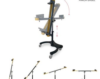 May include: A black PARLA SMART 140 easel with a yellow and black adjustable frame. The easel is on wheels and has a curved base. The image shows the easel in different positions, with the text "PARLA ART SUPPLIES" and "SMART 140 PARLA EASEL".