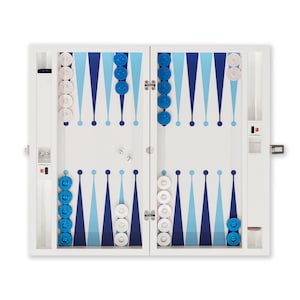 Juego de backgammon hecho a mano Merba 35 Series 08: premium, personalizado con cuero ultramar, nombre y logotipo personalizados, tablero de madera de alta calidad
