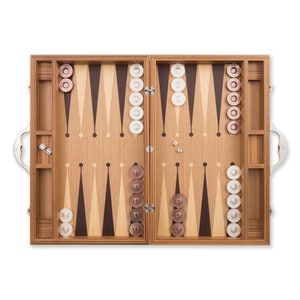 Juego de backgammon Era 40 Series 442 hecho a mano: premium, personalizado con cuero ultramar, nombre y logotipo personalizados, tablero
