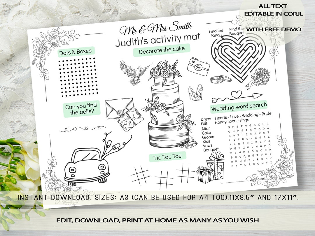 Editable Printable Wedding Coloring Placemat Instant Digital Download ...