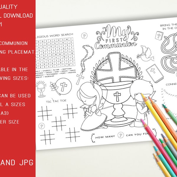 Printable First Communion Coloring Placemat Instant Digital Download, Holy Communion Activity for Children, Coloring page for kids
