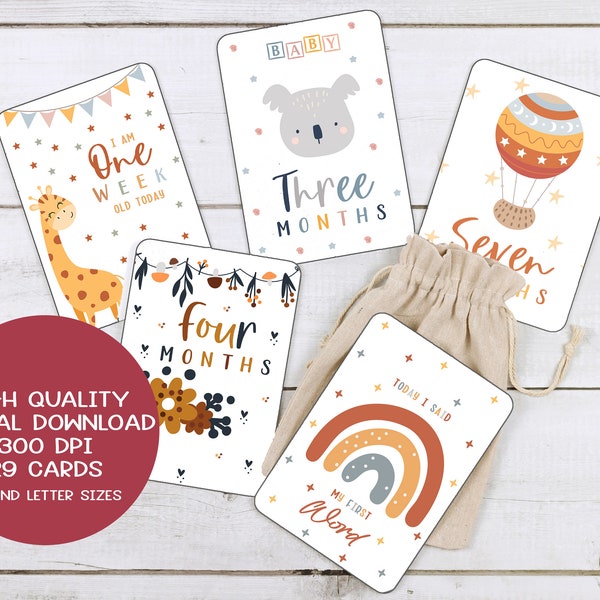 Boho baby Milestone Cards Printable Digital Download, 29 cards,  Gift for baby shower, Newborn Keepsake Milestone Cards