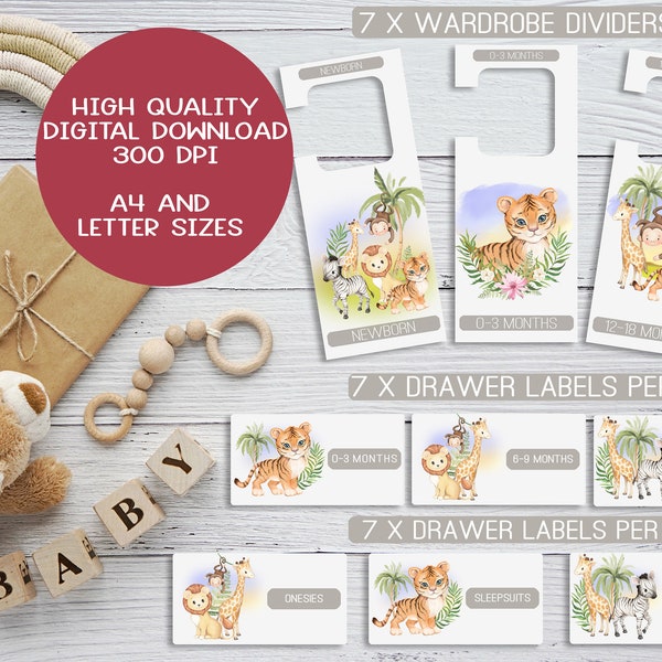 Safari Wardrobe Dividers Printable Digital Download , Drawer Labels, Closet Dividers, Baby Clothes Dividers, Closet organizer,Clothes labels