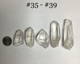 May include: Five clear quartz crystal points, ranging in size, with a US quarter for scale. The crystals are all clear and have a natural, unpolished finish. #35 - #39