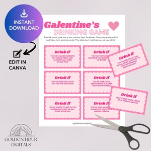Juego de beber de Galentine personalizable / Juego de beber si, Plantilla Canva imprimible y editable, Juegos de fiesta de Galentine, Retro, Ondulado / 24 cartas