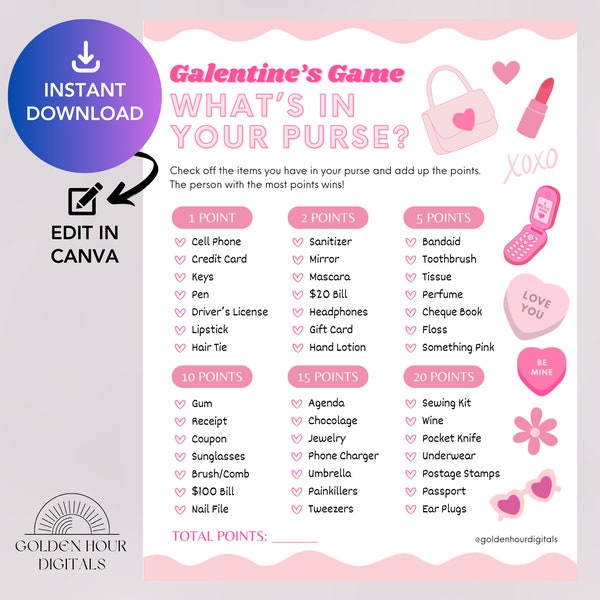 Galentine's Game Canva Template | What in Your Purse | Customizable Galentine's Party Games, Printable Game, Retro, Wavy, Pink | Purse Game