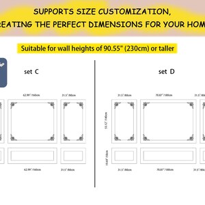 May include: Diagram showing two different sets of wall decor frames. Set C includes three frames measuring 31.5 inches by 80 centimeters, 62.99 inches by 160 centimeters, and 31.5 inches by 80 centimeters. Set D includes three frames measuring 31.5 inches by 80 centimeters, 70.87 inches by 180 centimeters, and 31.5 inches by 80 centimeters. The text "Supports size customization, creating the perfect dimensions for your home." is at the top of the image. The text "Suitable for wall heights of 90.55" (230cm) or taller" is below the diagram. The text "set C" is above the first set of frames and the text "set D" is above the second set of frames.