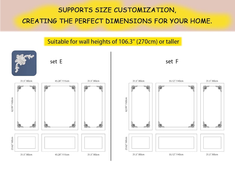 May include: Diagram showing two different sets of wall decor frames. Set E includes three frames measuring 31.5 inches by 80 inches, 45.28 inches by 115 inches, and 31.5 inches by 80 inches. Set F includes three frames measuring 31.5 inches by 80 inches, 55.12 inches by 140 inches, and 31.5 inches by 80 inches. The text "set E" and "set F" is included in the diagram.