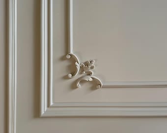 Paintable decorative wall panels, decorative corner panel kits, pre-cut wall panel kits, DIY French wall decor, custom sizes, free designs.
