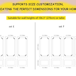 May include: Diagram showing two different sets of wall mirror arrangements. Set E has three mirrors, each measuring 31.5 inches by 80 centimeters. Set F has four mirrors, each measuring 31.5 inches by 80 centimeters. The diagram shows the dimensions of each mirror in inches and centimeters.
