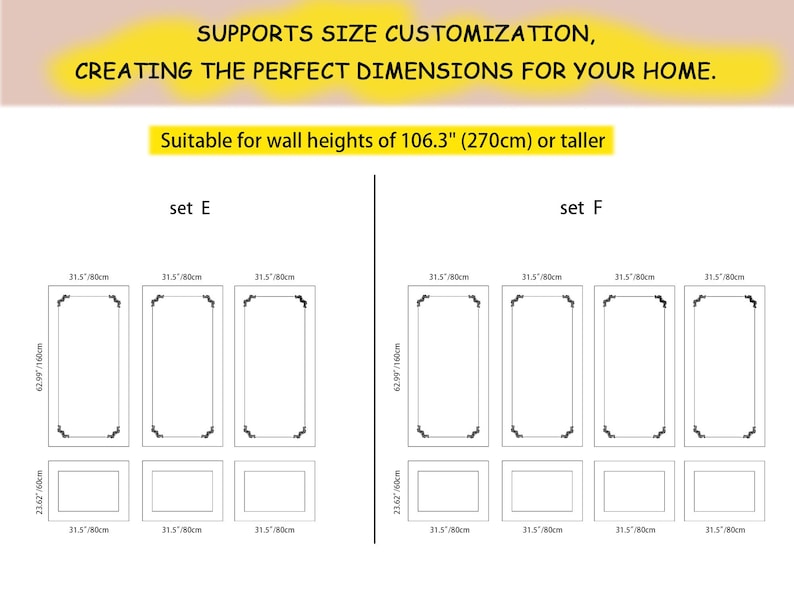 May include: Diagram showing two different sets of wall mirror arrangements. Set E has three mirrors, each measuring 31.5 inches by 80 centimeters. Set F has four mirrors, each measuring 31.5 inches by 80 centimeters. The diagram shows the dimensions of each mirror in inches and centimeters.