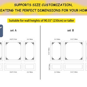 May include: Diagram showing two different sets of wall decor frames. Set A includes three 31.5 inch by 80 cm frames and two 45.28 inch by 115 cm frames. Set B includes three 31.5 inch by 80 cm frames and two 55.12 inch by 140 cm frames. The frames are all rectangular with a simple floral design.