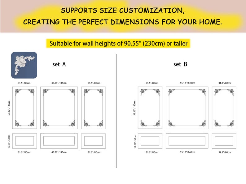 May include: Diagram showing two different sets of wall decor frames. Set A includes three 31.5 inch by 80 cm frames and two 45.28 inch by 115 cm frames. Set B includes three 31.5 inch by 80 cm frames and two 55.12 inch by 140 cm frames. The frames are all rectangular with a simple floral design.