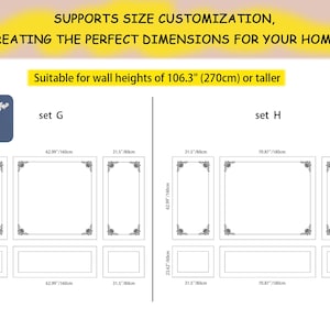 May include: Diagram showing two different sets of decorative wall frames with measurements in inches and centimeters. Set G includes three frames: one large frame measuring 62.99 inches by 160 centimeters, and two smaller frames measuring 31.5 inches by 80 centimeters. Set H includes three frames: one large frame measuring 70.87 inches by 180 centimeters, and two smaller frames measuring 31.5 inches by 80 centimeters.