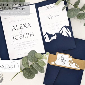 DIY Montana Mountains Wedding Invitation Pocket Trifold Envelope 5x7 Digital Template, (svg dxf ai eps cdr) papier cięty laserowo Cameo Cricut