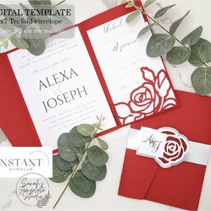 DIY Rose Wedding Invitation Pocket Trifold Envelope 5x7 Digital Template, Flower, (svg dxf ai eps cdr) paper cut laser cut Cameo Cricut