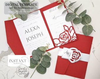 DIY Rose Wedding Invitation Pocket Trifold Envelope 5x7 Digital Template, Flower, (svg dxf ai eps cdr) paper cut laser cut Cameo Cricut