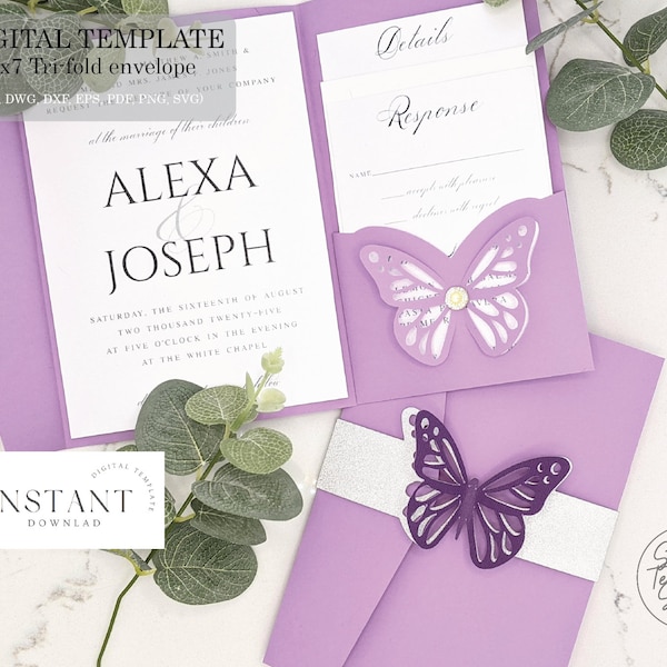 DIY Butterfly 5x7 Wedding Invitation Pocket Trifold Envelope Digital Template, (svg dxf ai eps cdr) paper cut laser cut Cameo Cricut