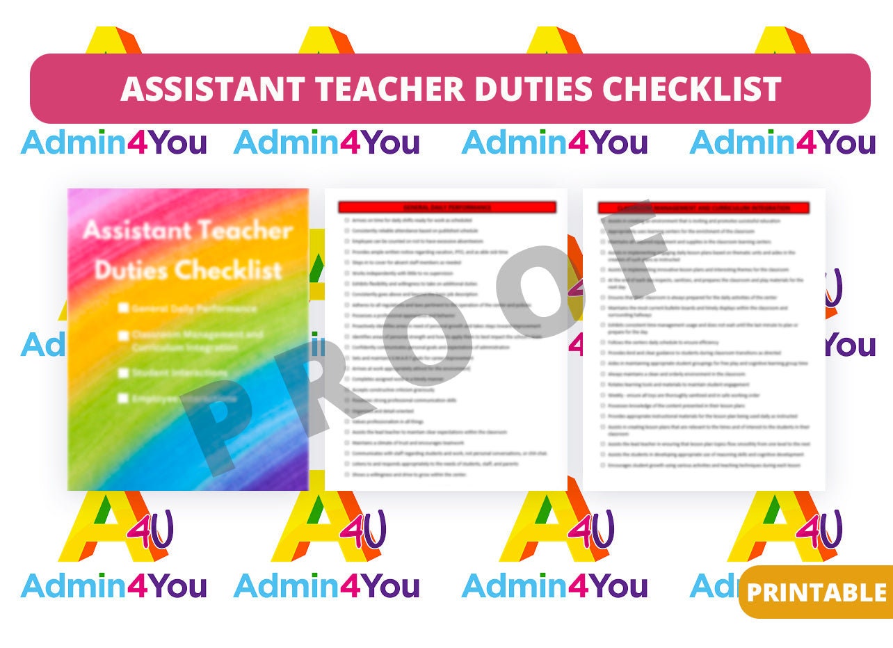Assistant Teacher Yearly Duties and Responsibilities Checklist Etsy