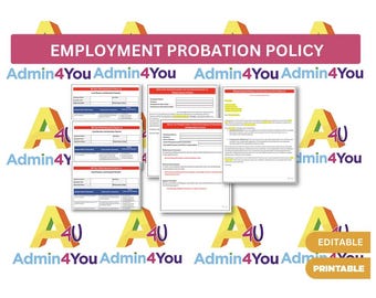 Peut inclure: Un document imprimable intitulé "Politique de probation d'emploi" avec le logo de l'entreprise "Admin4You" répété sur tout le document. Le document est divisé en sections avec des titres et des sous-titres.