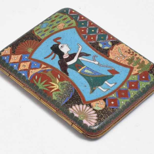 Unusual Old CLOISONNE SHIGARETTOKESU - Cigarette Case With Egyptian Isis Motif - MEIJI - Japanese